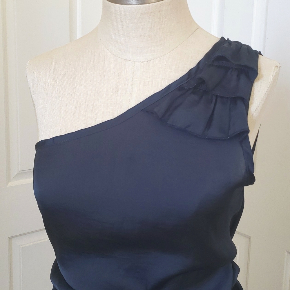 Vintage Y2K One Shoulder Satin Dress Sapphire Blue Ruffle Midi Size Medium - Picture 5 of 9